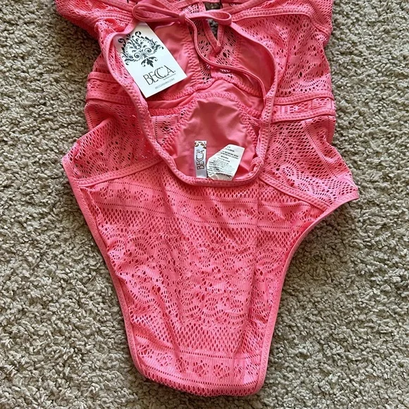 Becca Swim Coral Pink Cut Out Lace One Piece Swimsuit - Small - Picture 9 of 9